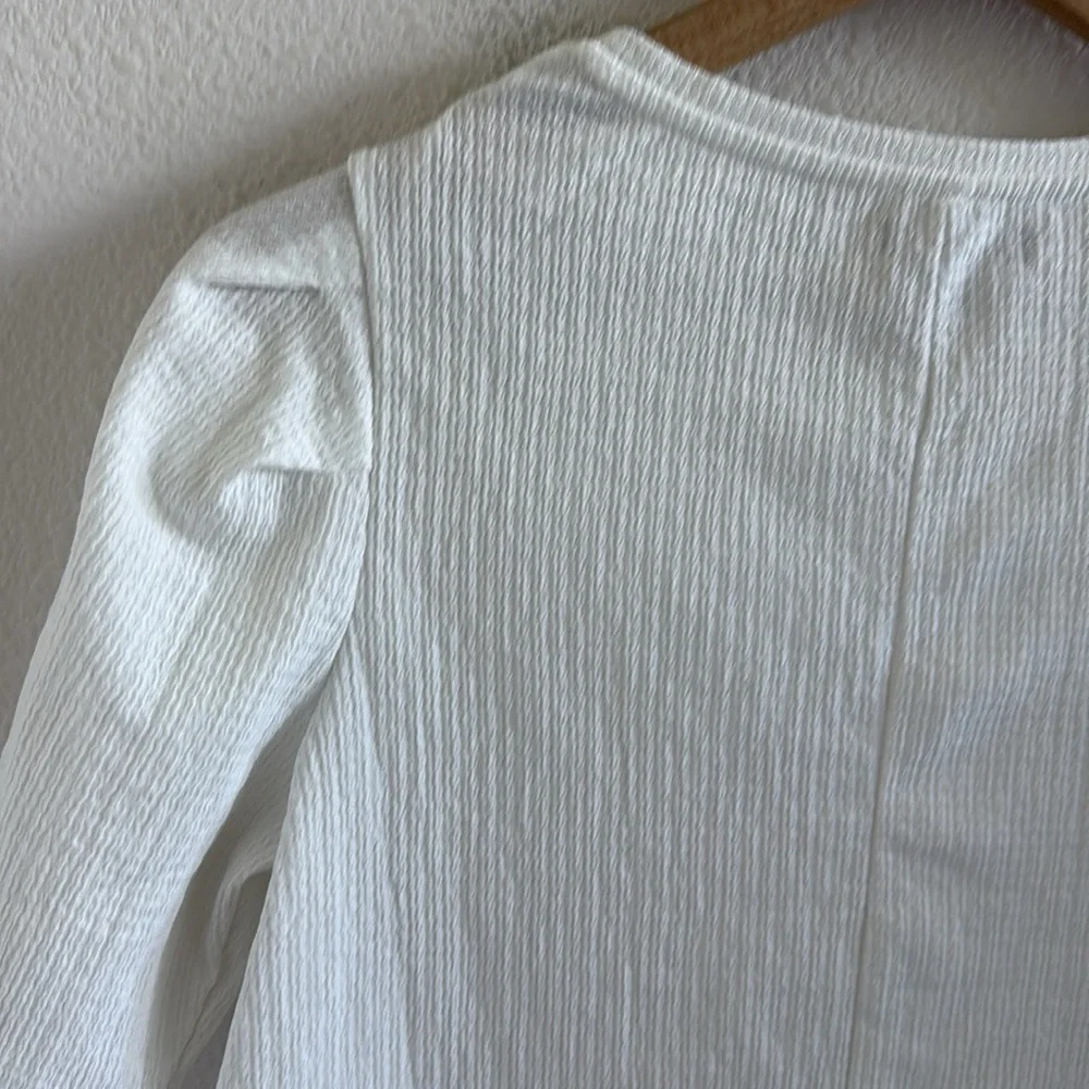 Zara Semi-Sheer White Textured Puff Sleeve Blouse Small